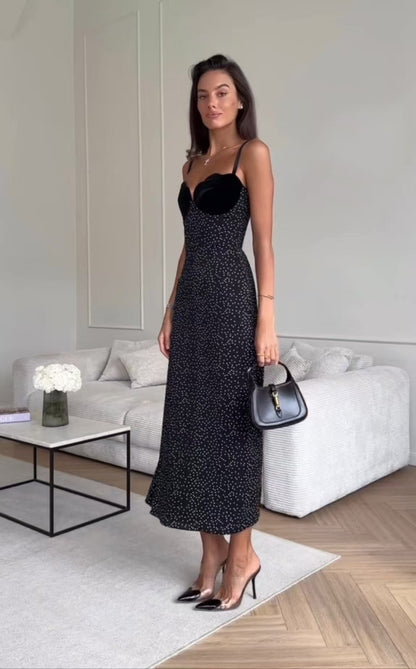 Spaghetti Strap Scalloped Velvet Bust Polka Dot Bodycon Maxi Dress