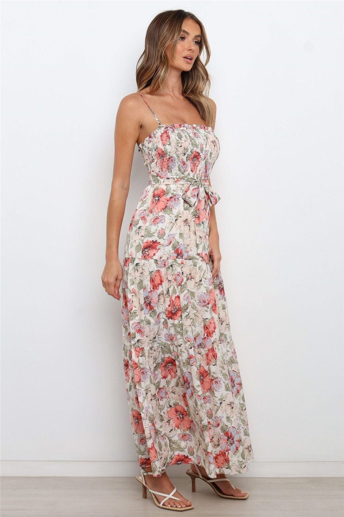 Spaghetti Strap Smocked Tie Waist Tiered Floral Maxi Dress