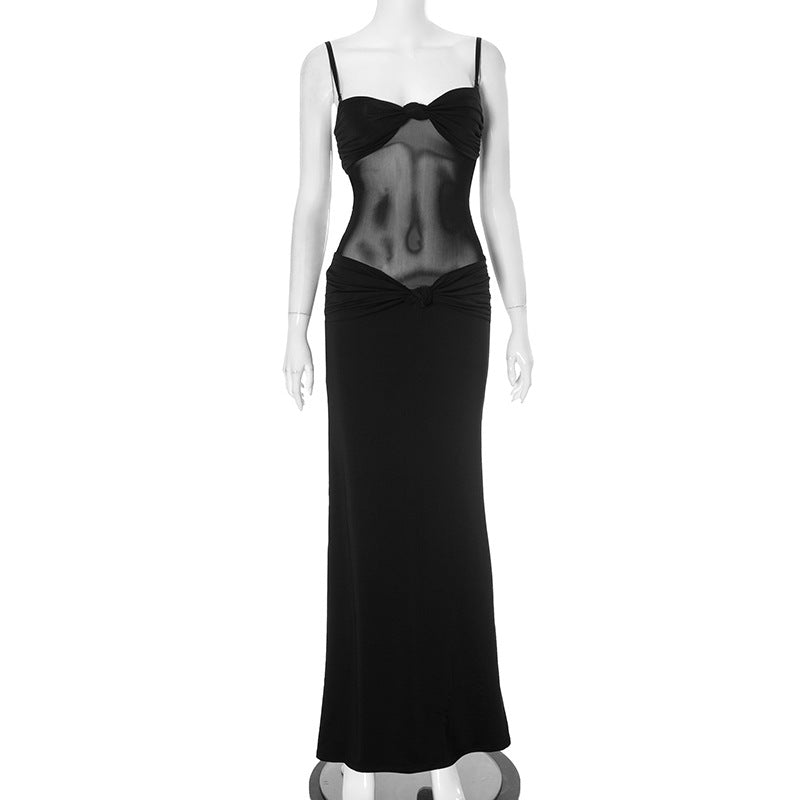 Strapless Twist Knot Bandeau Sheer Mesh Midriff Panel Bodycon Maxi Dress