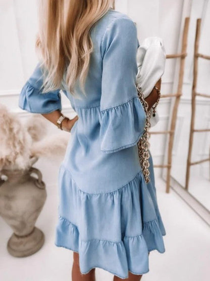 Button Front Ruffle Sleeve Tiered Babydoll Shirt Dress