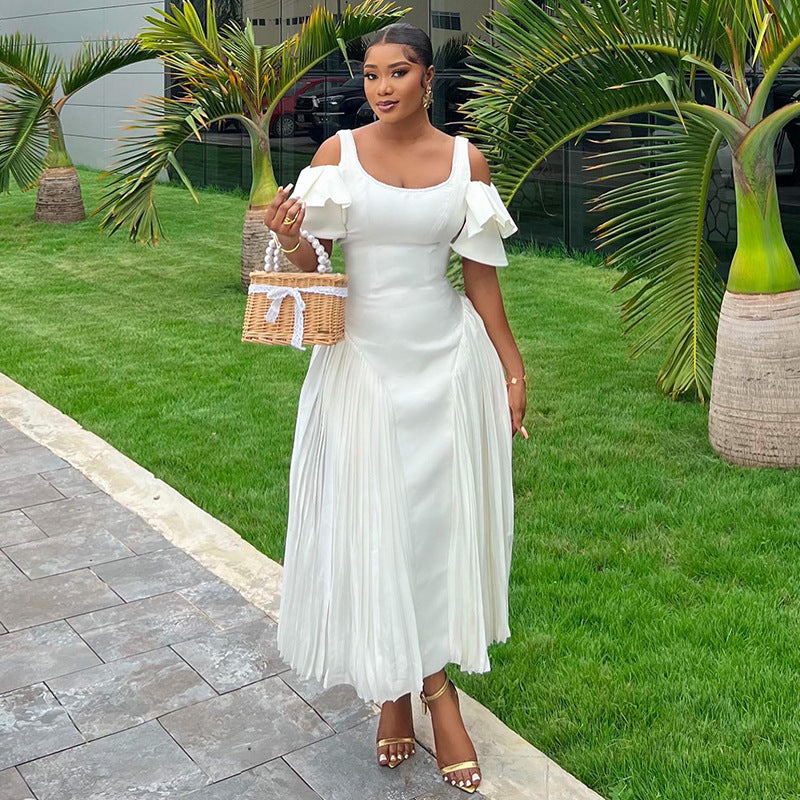 Scoop Neck Cold Shoulder Tiered Ruffle Sunray Pleated Midi Dress