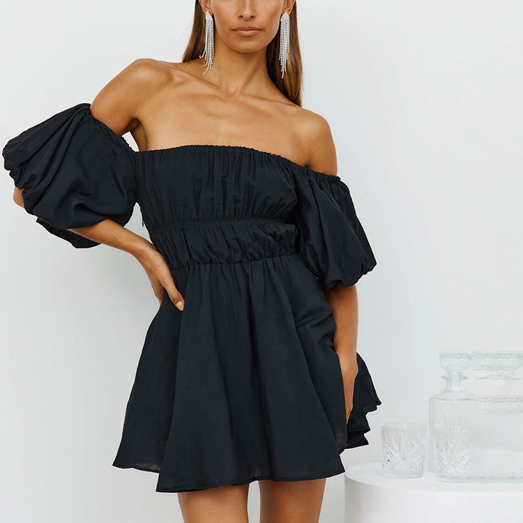 Off Shoulder Puff Sleeve Smocked Shirred Fit And Flare Mini Dress