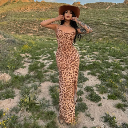 Print Cowl Neck Spaghetti Strap High Slit Bodycon Maxi Dress
