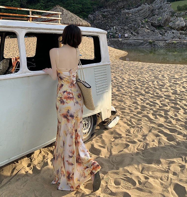Spaghetti Strap Cowl Neck Abstract Floral Print High Slit Maxi Dress