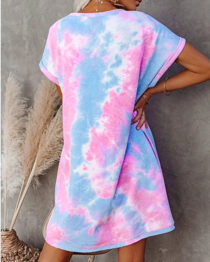 Crew Neck Rolled Cuff Short Sleeve Tie Dye Oversized T-Shirt Mini Dress
