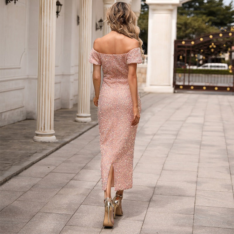 Off Shoulder Puff Sleeve Sequin Bodycon Midi Dress