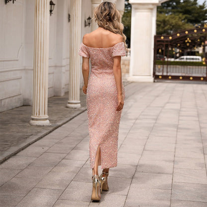 Off Shoulder Puff Sleeve Sequin Bodycon Midi Dress
