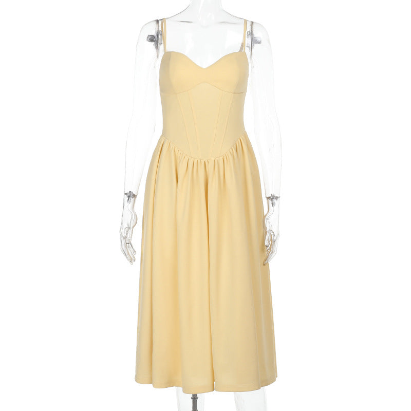 Sweetheart Spaghetti Strap Corset Bodice Pleated Pocket Midi Dress