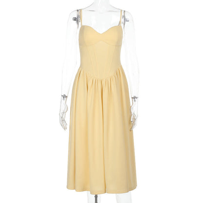 Sweetheart Spaghetti Strap Corset Bodice Pleated Pocket Midi Dress
