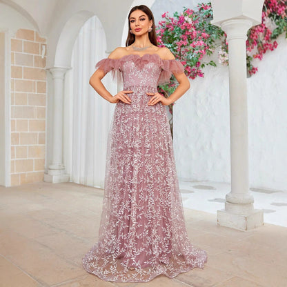 Off Shoulder Ruffle Trim Floral Lace A-Line Maxi Gown