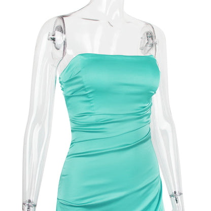 Strapless Ruched Side Cascade Panel Satin Mini Dress