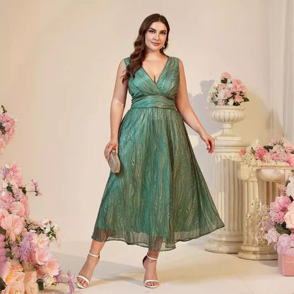 Deep V Neck Wrap Bodice Gathered Waist Shimmer Pleated Midi Dress
