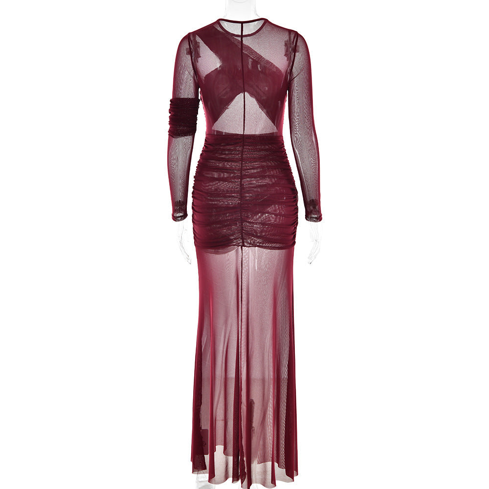 Crew Neck Sheer Mesh Ruched Cutout Overlay Maxi Dress