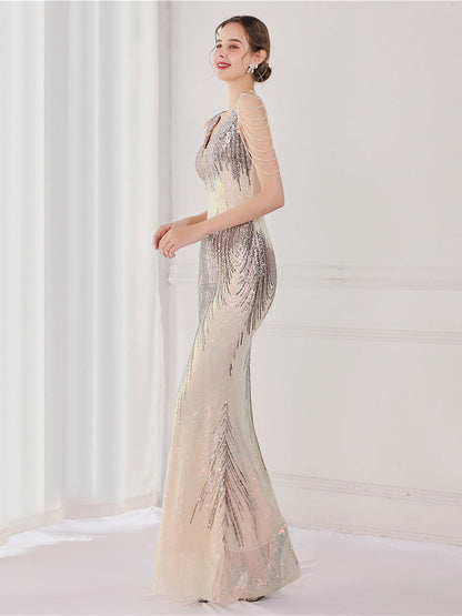 Sequin suspender evening dress