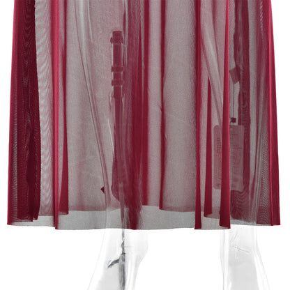Crew Neck Sheer Mesh Ruched Cutout Overlay Maxi Dress