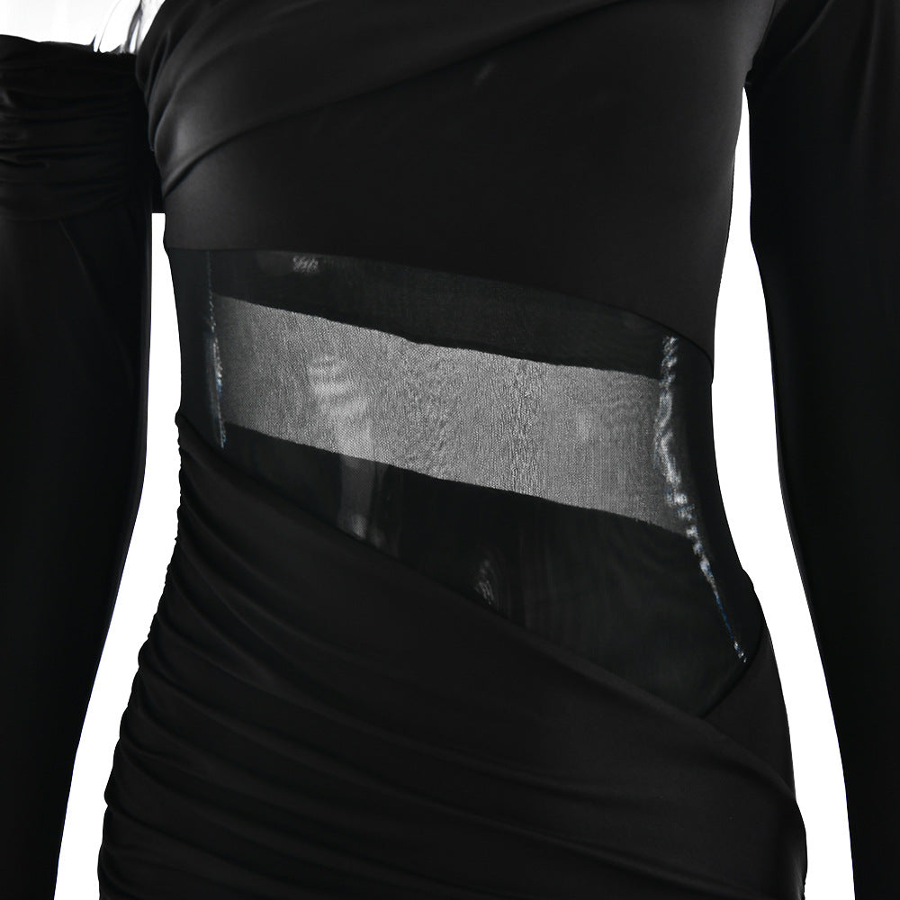 One Shoulder Asymmetric Ruching Mesh Midriff High Slit Maxi Gown