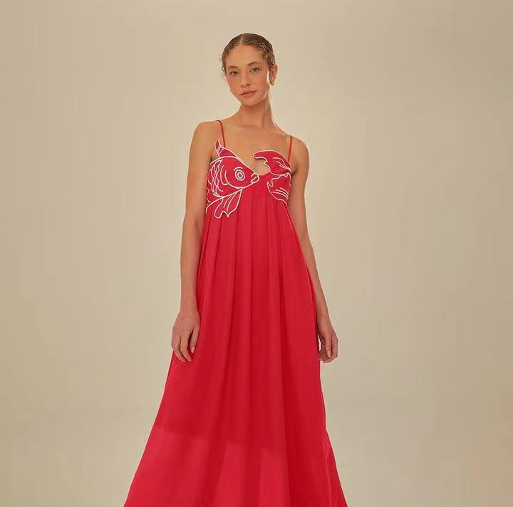 Spaghetti Strap Koi Fish Embroidered Pleated Maxi Dress