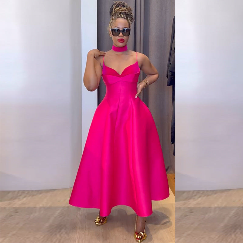 Sweetheart Choker Spaghetti Strap Pleated A-Line Midi Dress