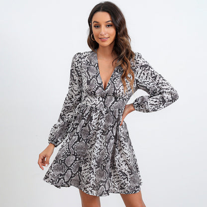 Deep V Neck Python Print Empire Waist Flare Sleeve Mini Dress