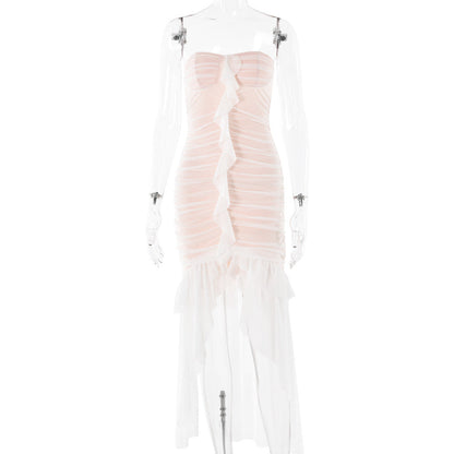 Strapless Ruched Mesh Ruffle Front High Slit Tiered Maxi Dress