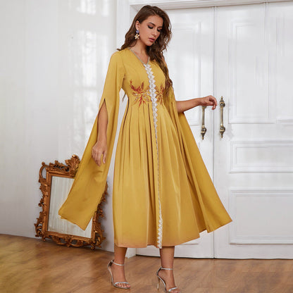 Cape Sleeve Lace Trim Floral Embroidery V Neck Maxi Gown