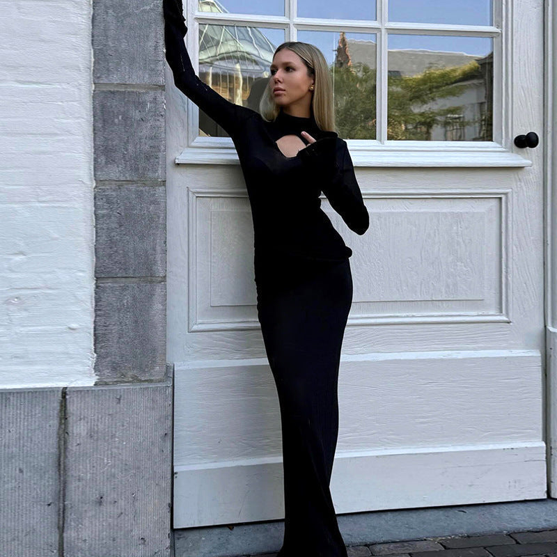 Mock Neck Keyhole Cutout Bell Sleeve Ruched Hip Bodycon Maxi Dress