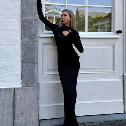 Mock Neck Keyhole Cutout Bell Sleeve Ruched Hip Bodycon Maxi Dress