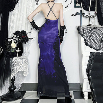Cowl Halter Spooky Forest Bat Print Mermaid Maxi Dress