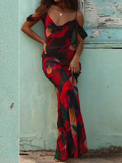 Cowl Neck Spaghetti Strap Cold Shoulder Abstract Floral Maxi Gown