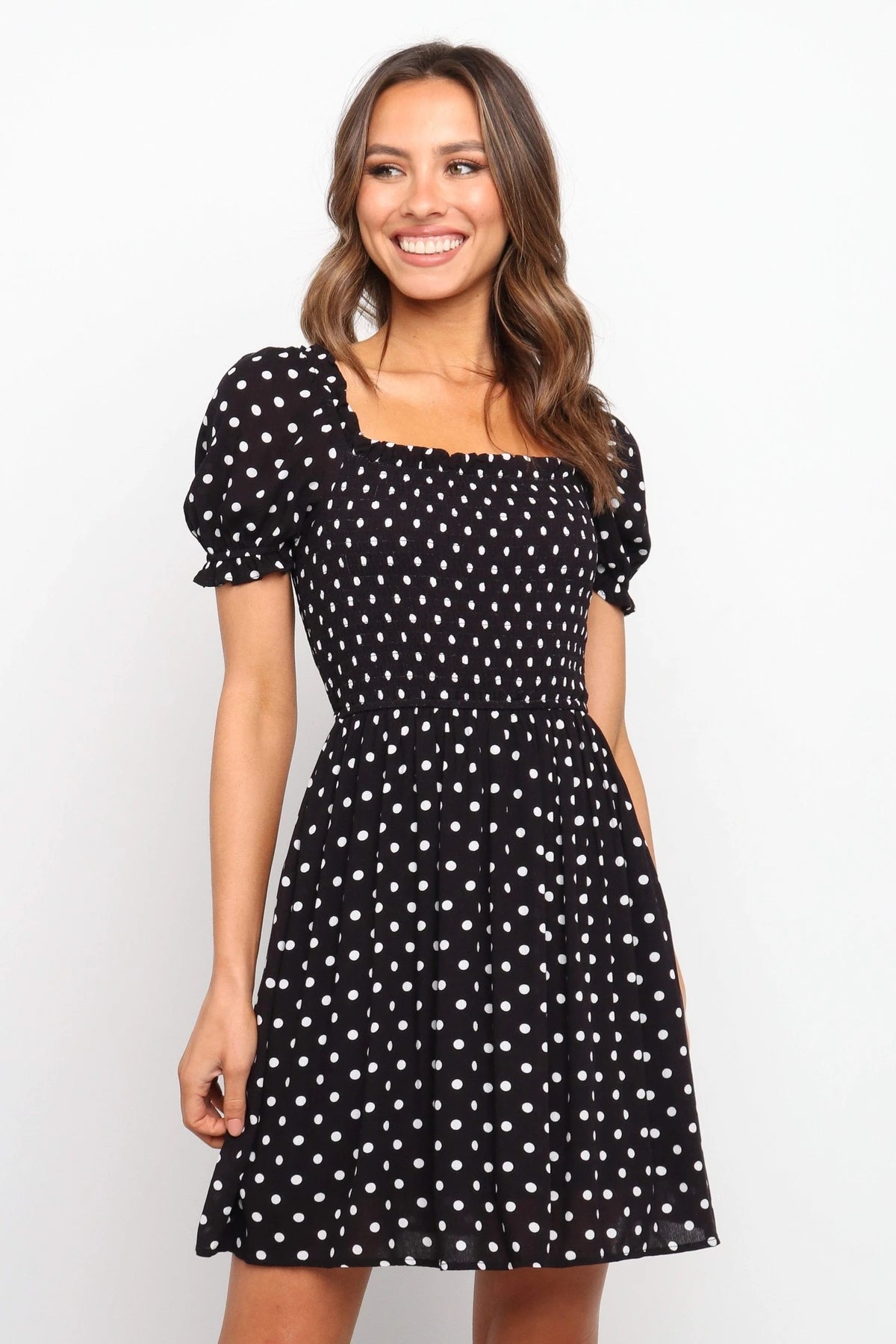 Square Neck Smocked Puff Sleeve Polka Dot Mini Dress