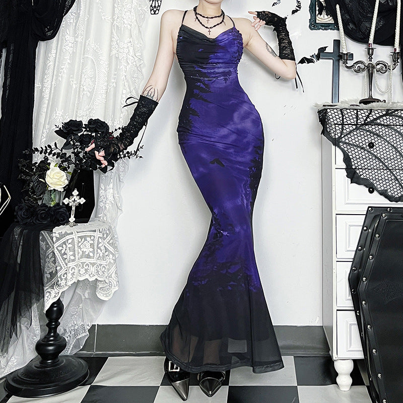 Cowl Halter Spooky Forest Bat Print Mermaid Maxi Dress