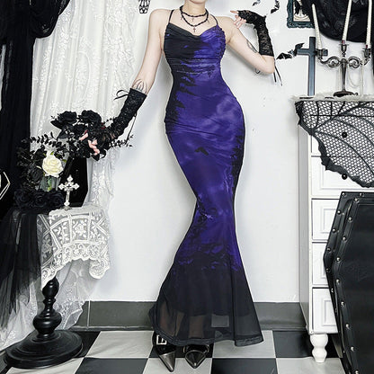 Cowl Halter Spooky Forest Bat Print Mermaid Maxi Dress