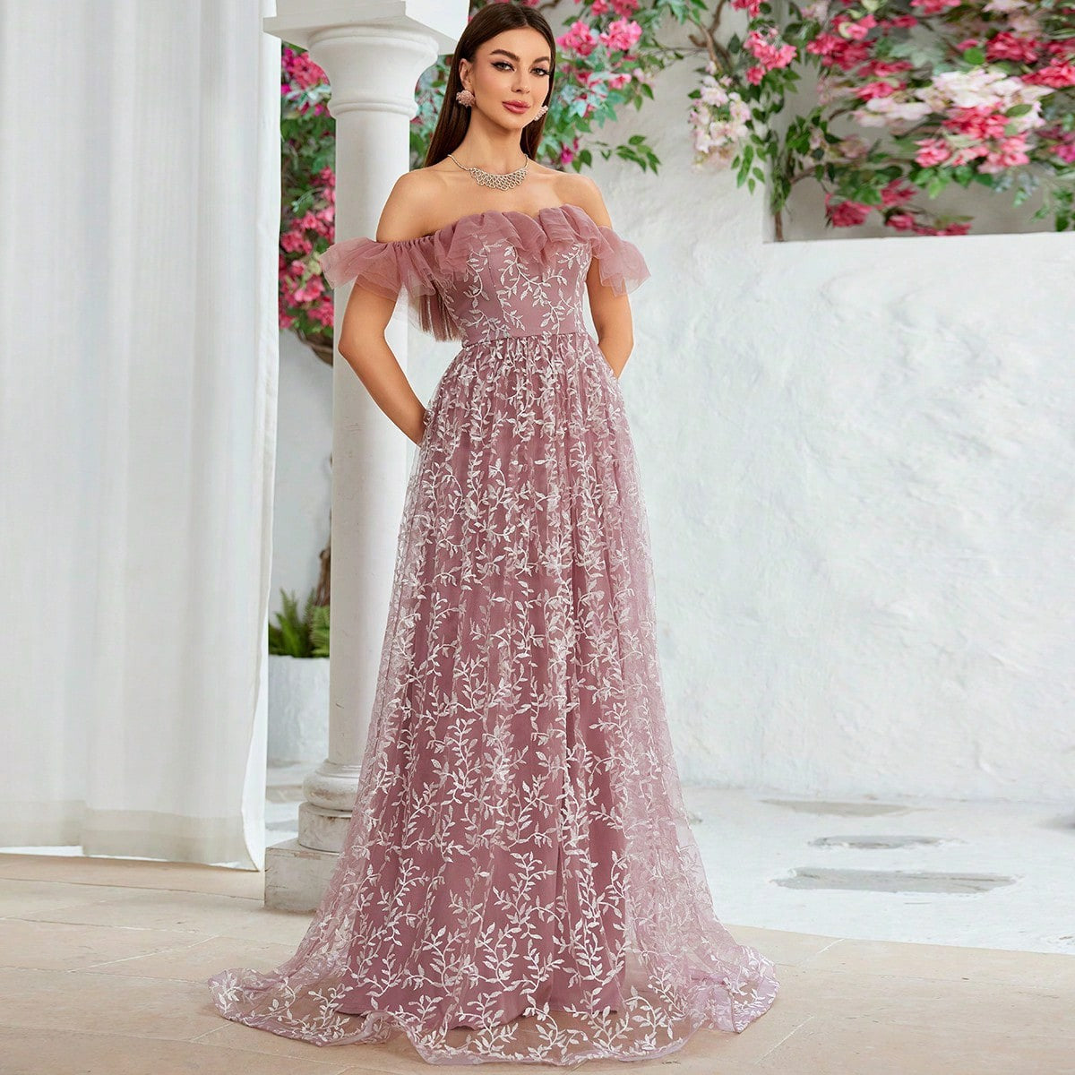 Off Shoulder Ruffle Trim Floral Lace A-Line Maxi Gown