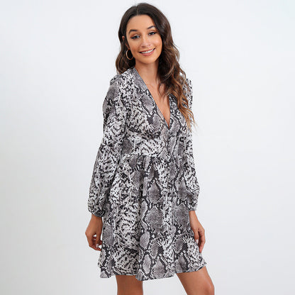 Deep V Neck Python Print Empire Waist Flare Sleeve Mini Dress