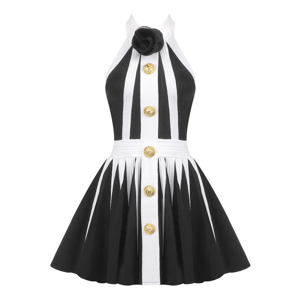 Striped Halter Neck Rosette Applique Button Front Pleated Mini Dress
