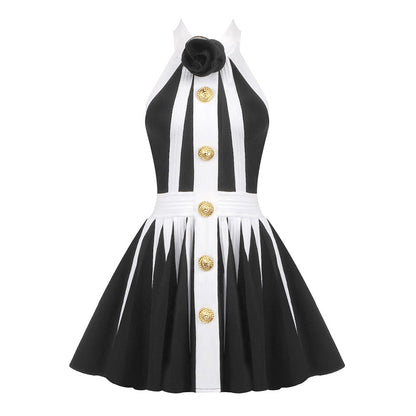 Striped Halter Neck Rosette Applique Button Front Pleated Mini Dress