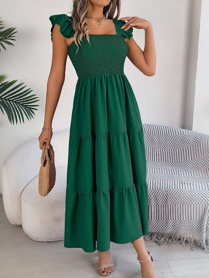Dark Green Off Shoulder Embroidered Floral Tiered Maxi Dress