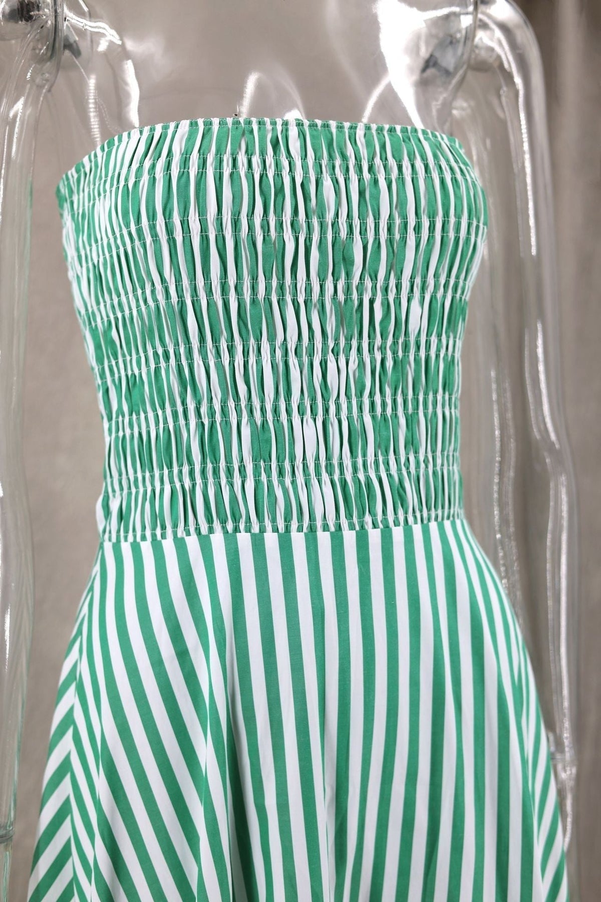 Strapless Shirred Striped Flowy Maxi Dress