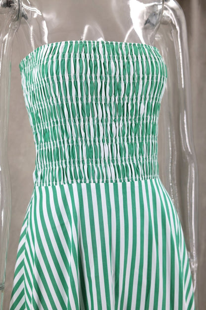 Strapless Shirred Striped Flowy Maxi Dress