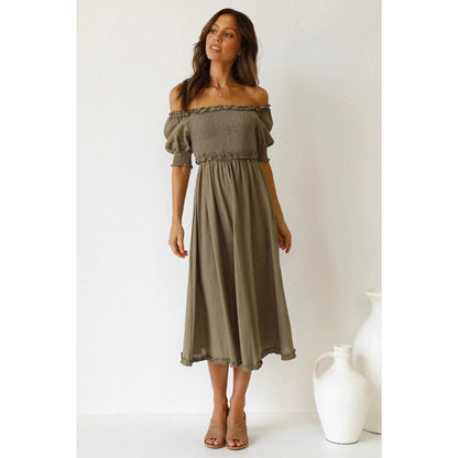 Off Shoulder Smocked Puff Sleeve Ruffle Trim Midi Dress