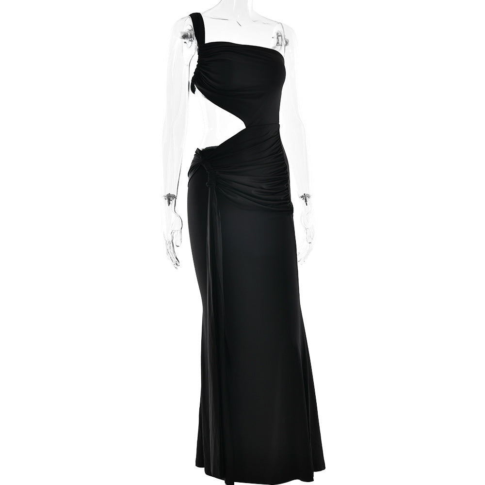 One Shoulder Triangular Cutout Ruched Hip Twist Drape Maxi Dress