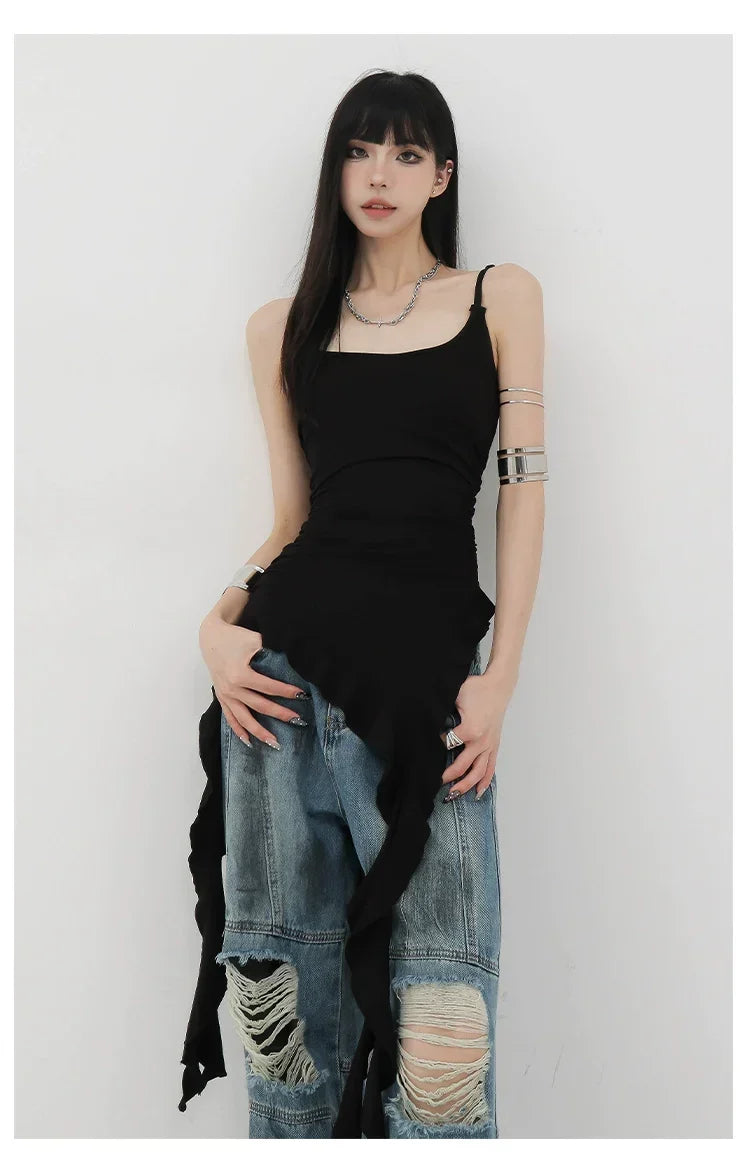 Black Asymmetric Ribbon Strap Tank Top With Ruffle Edge Design