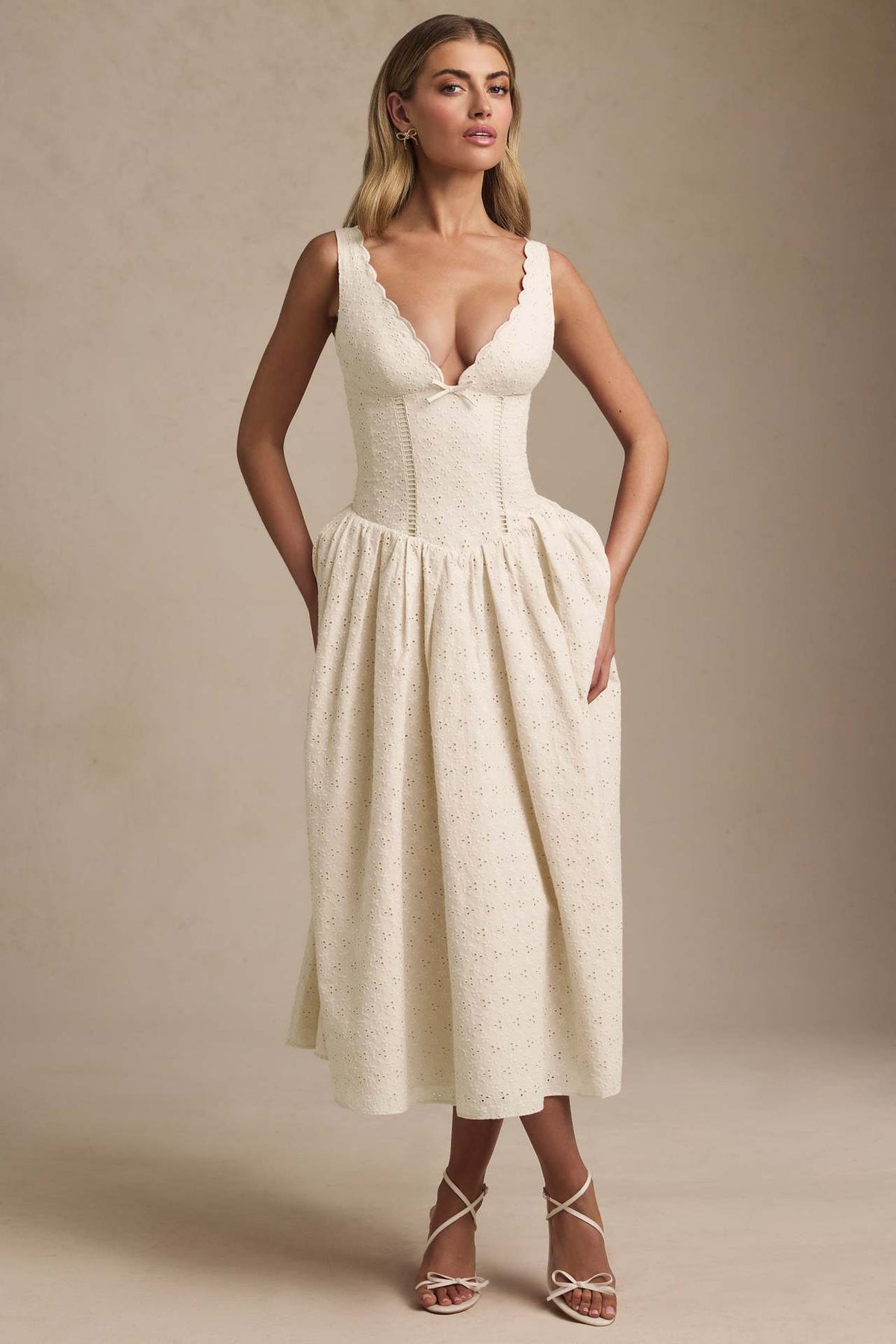 Eyelet Lace Deep V Bow Front Corset Bodice Full Skirt Midi Dress