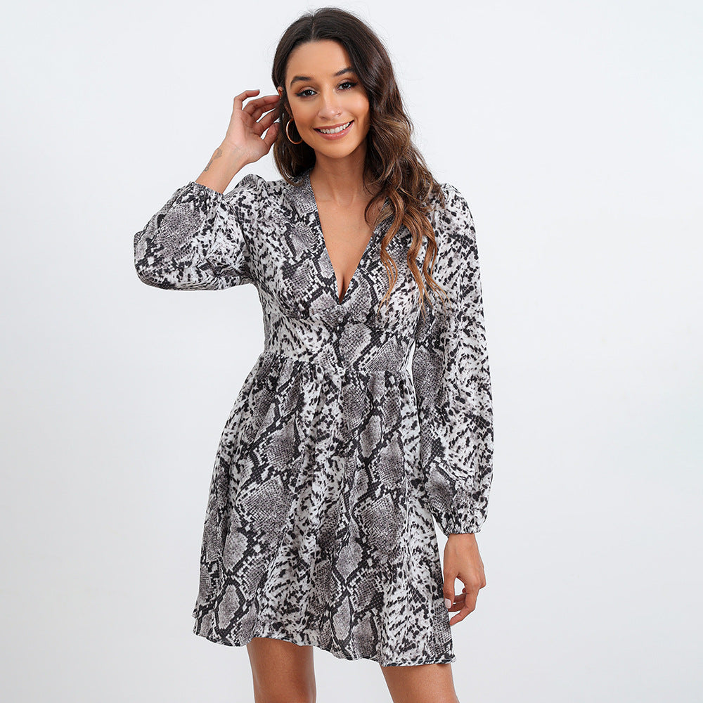 Deep V Neck Python Print Empire Waist Flare Sleeve Mini Dress