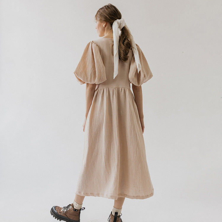 Wrap V Neck Puff Sleeve Gauze Tie Waist A-Line Midi Dress