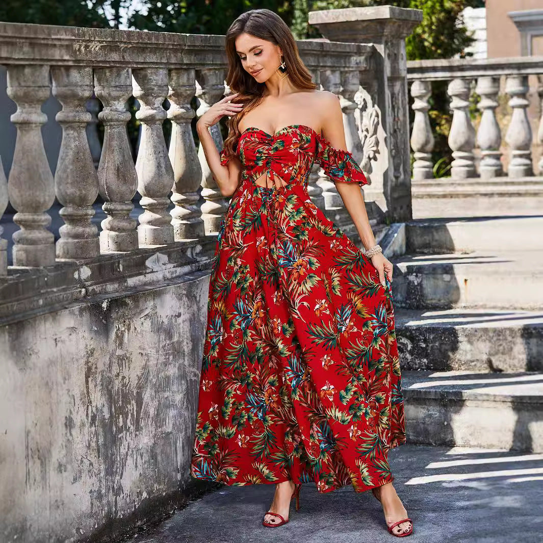 Off Shoulder Ruched Bust Cutout Tie Tropical Print Flounce Sleeve Maxi Dress