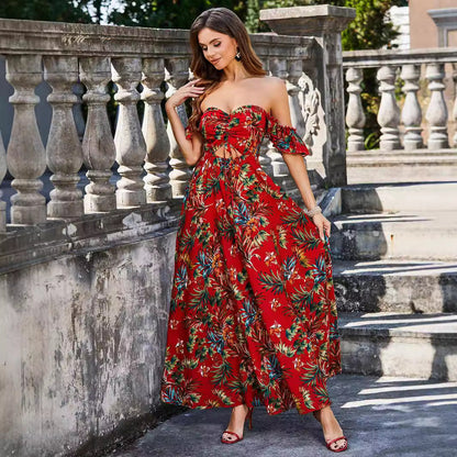 Off Shoulder Ruched Bust Cutout Tie Tropical Print Flounce Sleeve Maxi Dress