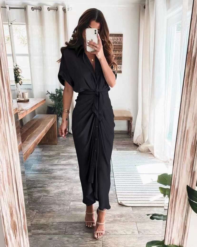 Collared V-Neck Short Sleeve Knot Front Button Maxi Shirt Dress