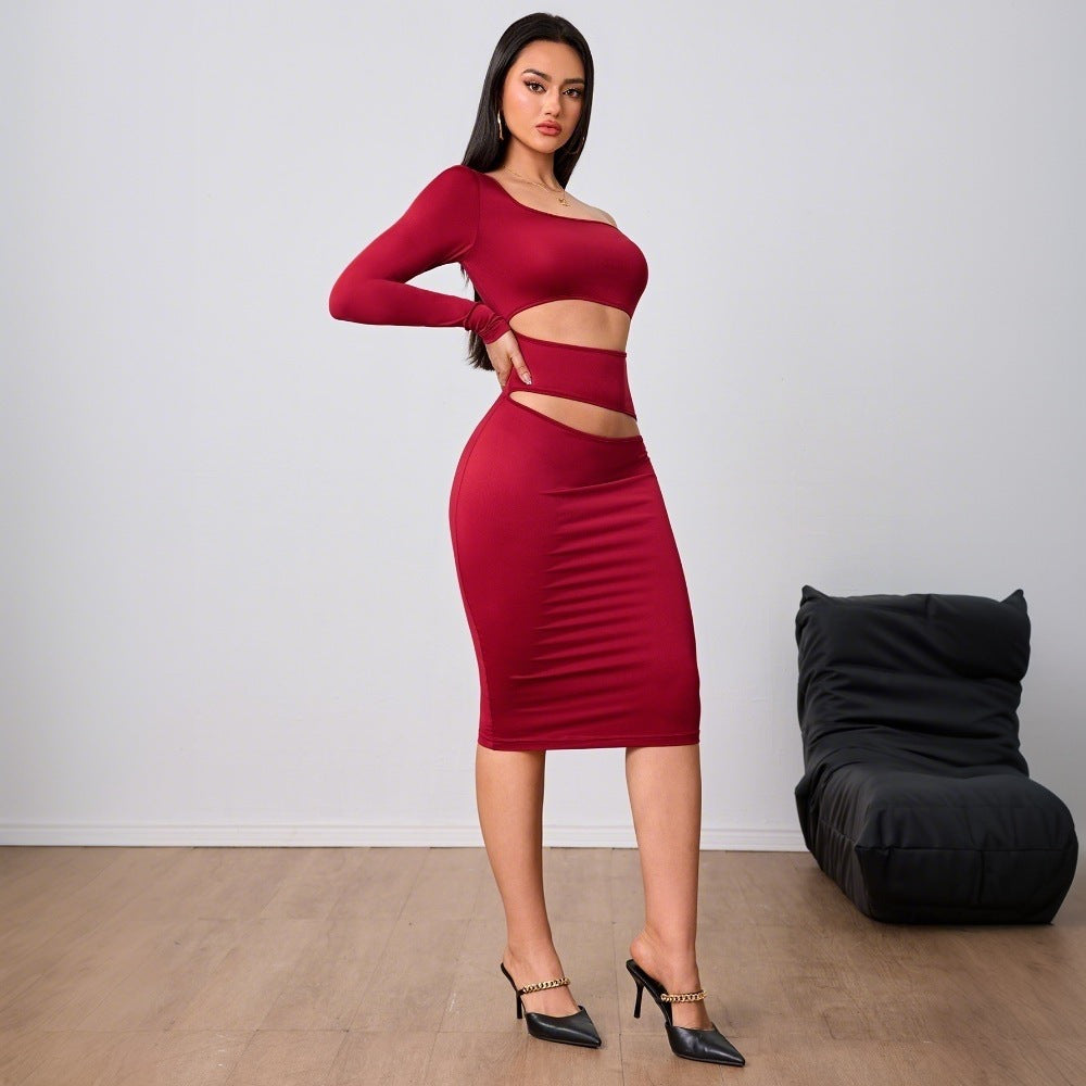 One Shoulder Long Sleeve Waist Cutout Bodycon Midi Dress
