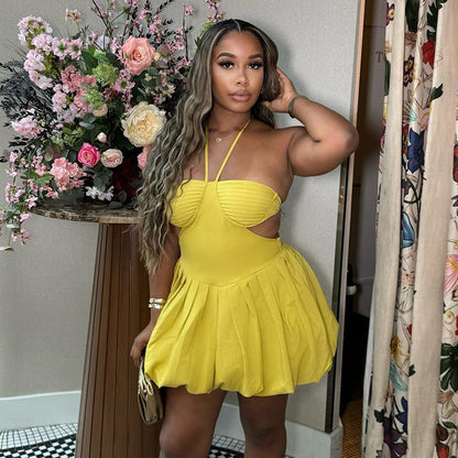 Halter Neck Side Cutout Pleated Bubble Skirt Mini Dress